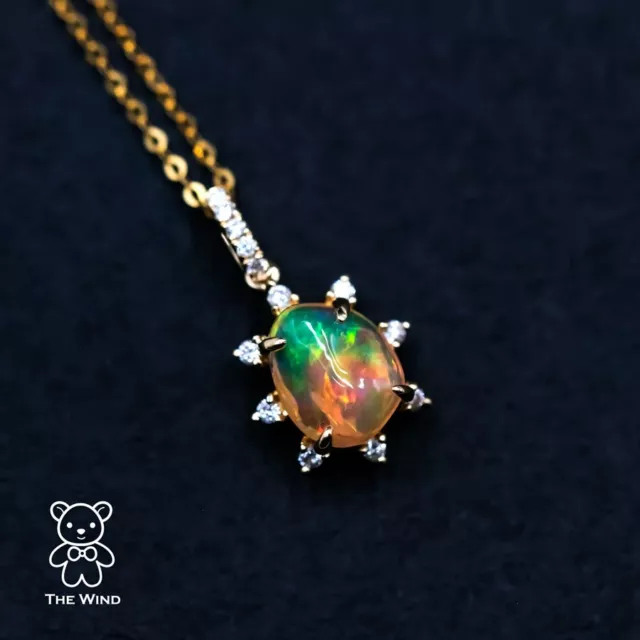 One of Kind Mexican Fire Opal & Halo Diamond Pendant Necklace 18K Yellow Gold