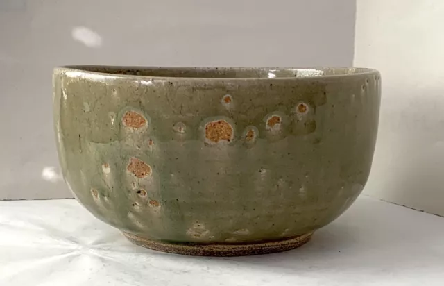 Asian Art Pottery Ash Glazed Bowl: 6.5” Drip Pale Green & Tan, Artist Signed 金