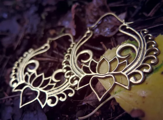 Large Gold Plated Mandala Moroccan Ethnic Tribal Brass Hoops Lotus Earrings Mm1