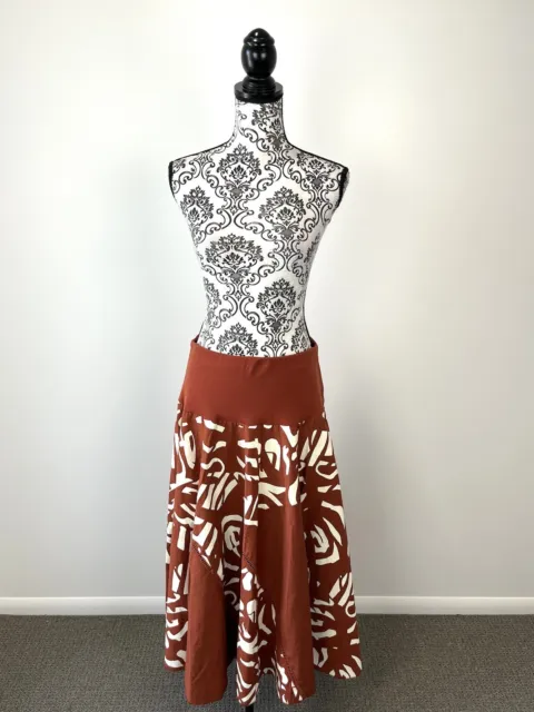 Black Apple Womens Skirt Brown Abstract Print A Line Pleated Elastic Waist 12 L