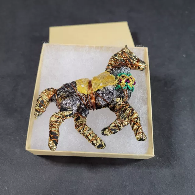 Vintage Hand Made Carnival Fabric Horse Brooch Wire Wrapped Pin 3"