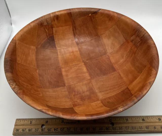 Vintage Weaved Wooden Wood Serving Salad Fruit Bowl Large 9 3/4” Diam x 2.75" T