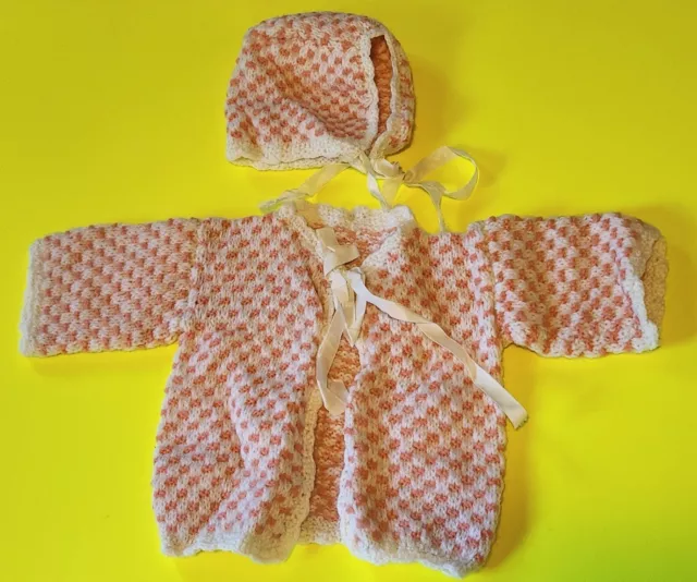 Vintage Pink & White Checker Crochet Knit Baby Sweater With Matching Bonnet