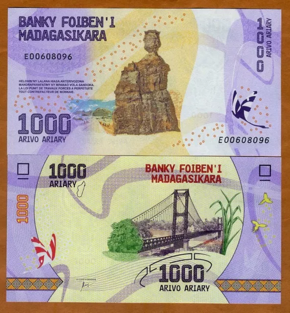 Madagascar, 1000 Ariary, 2017 P-100 UNC Completely Redesigned, Bridge