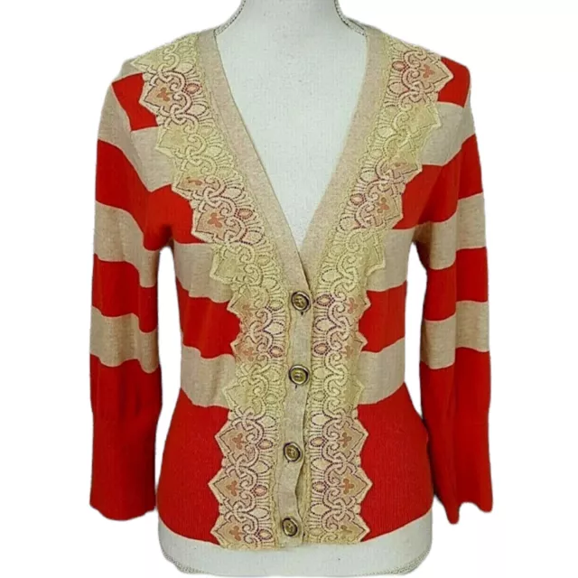 Charlotte Cardigan Womens Large Orange Stripe Tan Lace Harvest Autumn Sweater