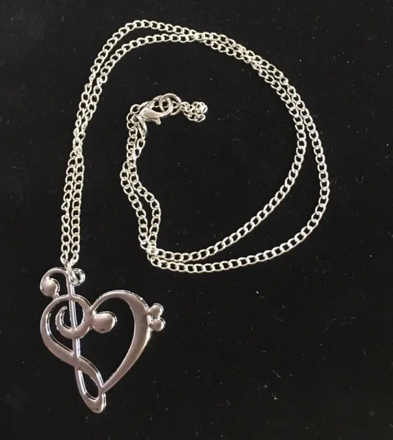 Music Note Heart Treble Clef & Bass Clef Heart Necklace 20" Silver Tone