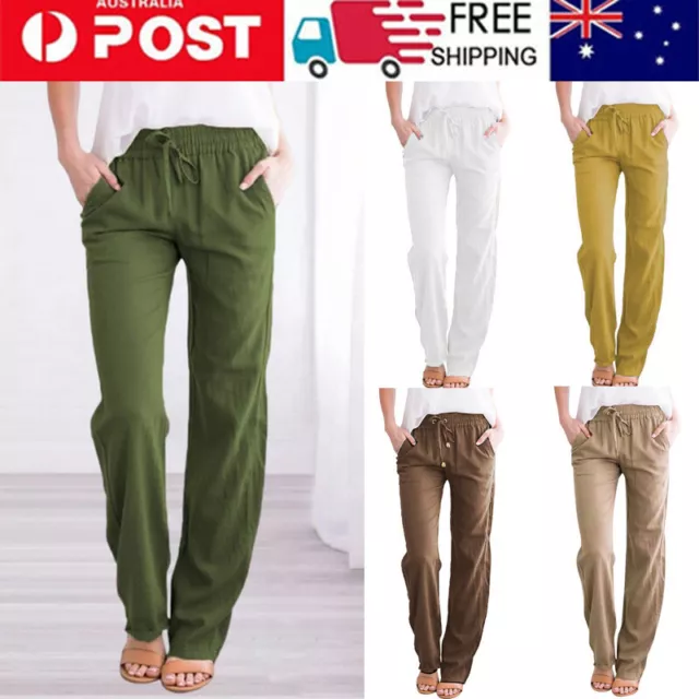 Women Cotton Linen Elastic Waist Loose Long Pants Casual Pocket Wide Leg Trouser