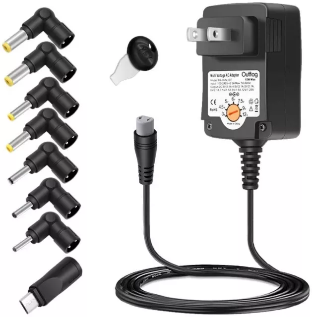 15W 8 Multiple Tip Universal Ac Adapter Power Supply Charger Cord for 3-12 Volts