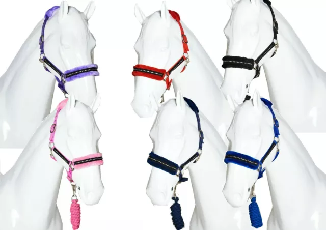 Horse Masters Fleece Headcollar Lead Rope Set with Diamante, Adjustable Pony Cob