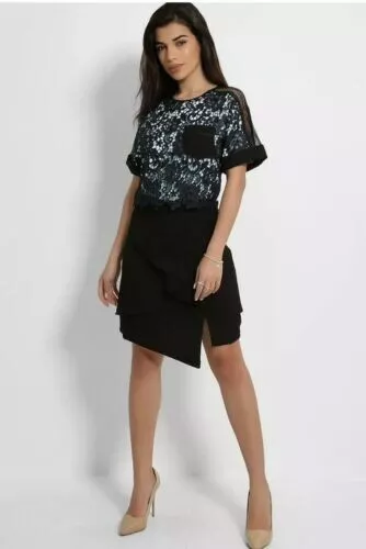 Three Floor Dress Size 10 Bnwt Black Skirt Blue Lace Top New Ted Baker