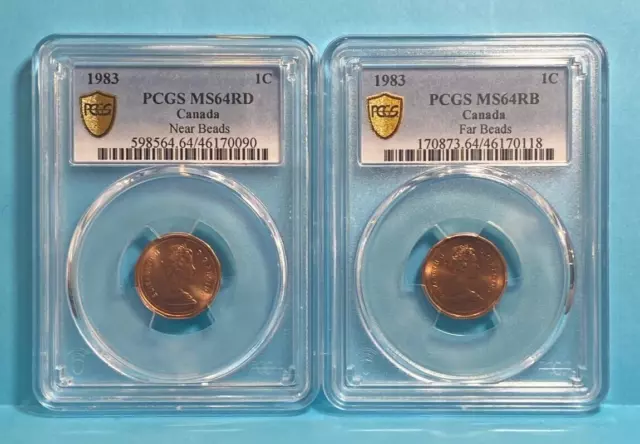 A Great Pair 1983 Far & Near Beads 1 Cent Coins Graded By Pcgs Ms64'S!!!!