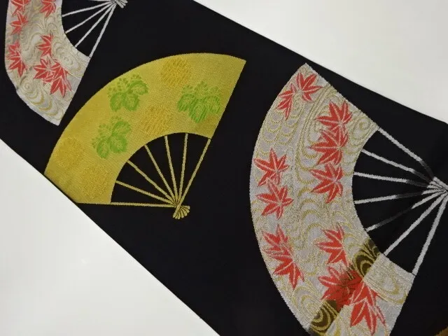6950597: Japanese Kimono / Vintage Fukuro Obi / Woven Paulownia & Maple Leaves /