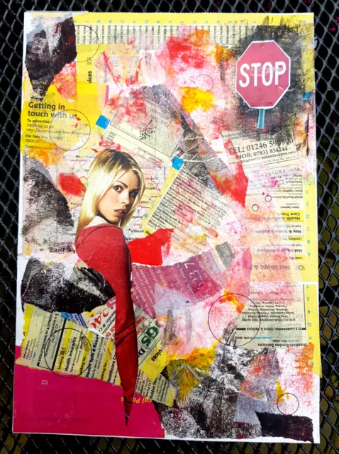 Original Collage + Paint Art, 'Stop' A4, Unframed by Chris Clarke
