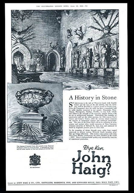 1924 John Haig Scotch whisky Warwick Castle vase art BIG UK vintage print ad