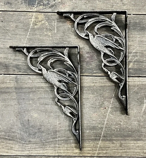 Cast Iron Pair of Birds on Vines Vintage Shelf Brackets, 10” x 6.5”