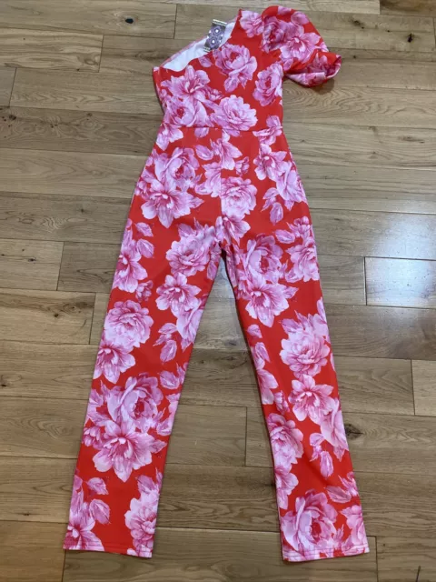 Boohoo red/pink Floral Asymetric Jumpsuit Size 8 BRAND NEW