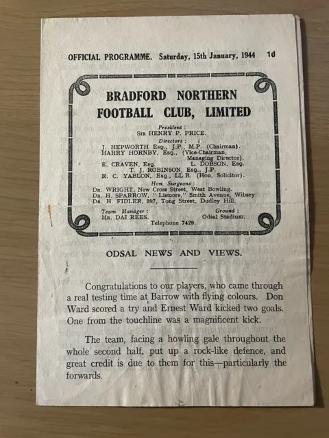 Wartime Rugby League Football Programme Bradford Northern v Barrow 15th Jan 1944