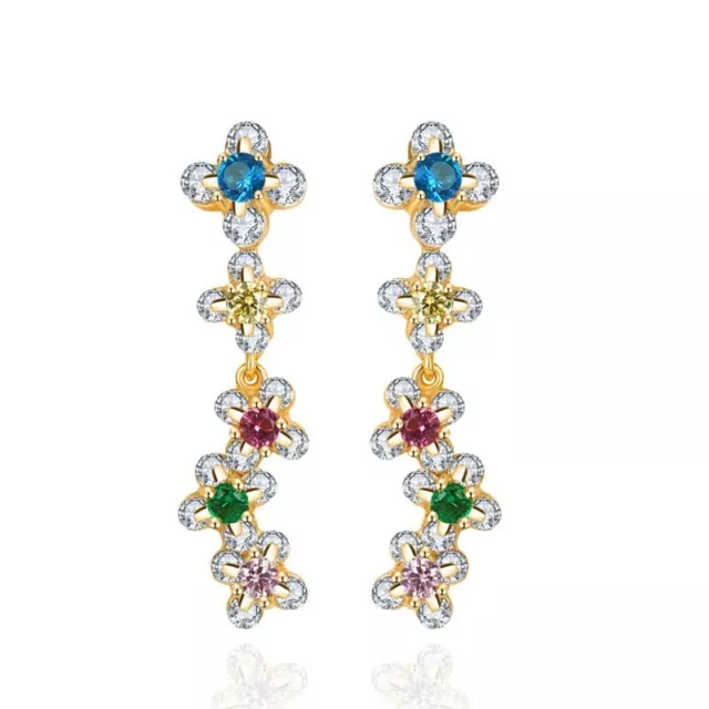 14K Gold Plated Rainbow CZ Cubic Zirconia Five Flower Drop Stud Earrings Women