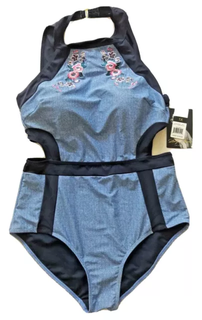 Marilyn Monroe WOMEN 1-Piece Swimsuit Padded Bust Sz 1X Embroidered Blue color