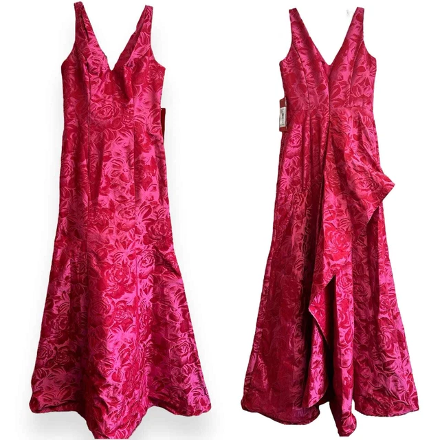 CARMEN MARC VALVO Jacquard Floral Ruffle Evening Gown Fuschia Red NWT Size 6