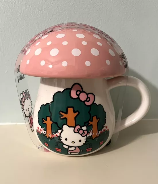 NEW Sanrio Hello Kitty Pink Mushroom Sculpted Ceramic Mug With Lid 16 Oz