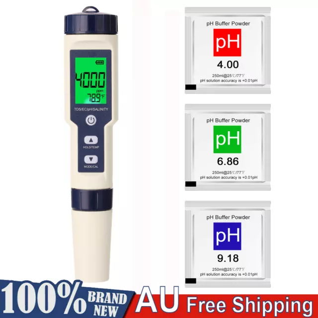 5in1 PH/EC/TDS Meter Salinity Temp Pen LCD Digital Water Quality Monitor Tester