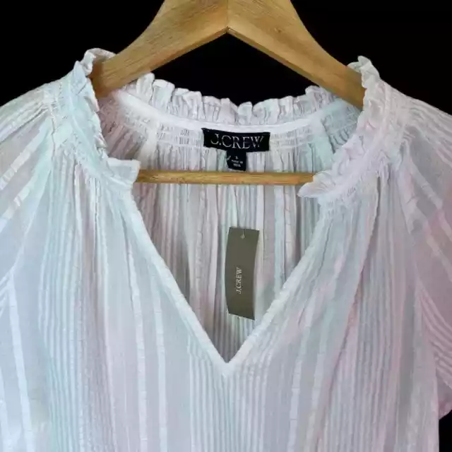 J Crew Flutter Sleeve V Neck Top in Cotton Dobby White Small NWT 2