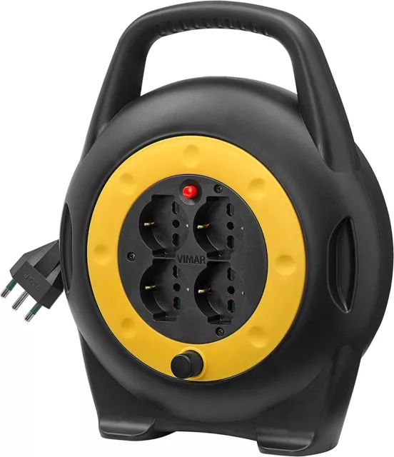 Avvolgicavo 10 Metri,Con 4 Prese Universali,Elettrica-Manuale,Nero-Giallo.
