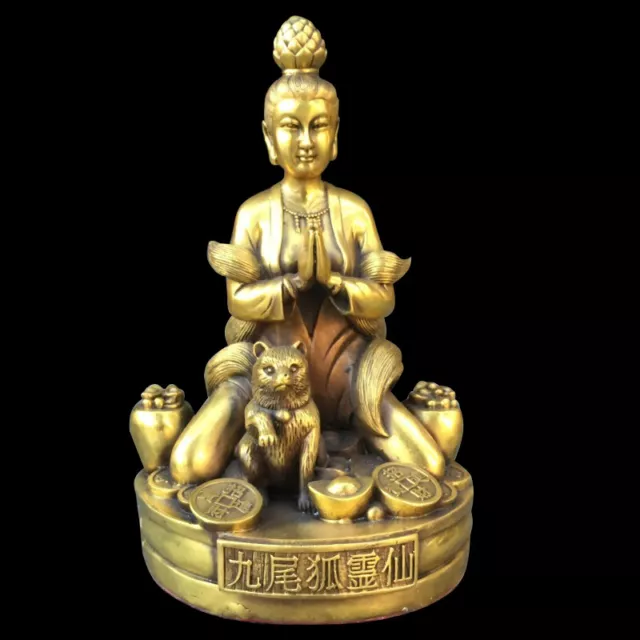 Chinese Brass Nine Tailed Fox Fairy Statue Marriage Love Money Feng Shui Deco