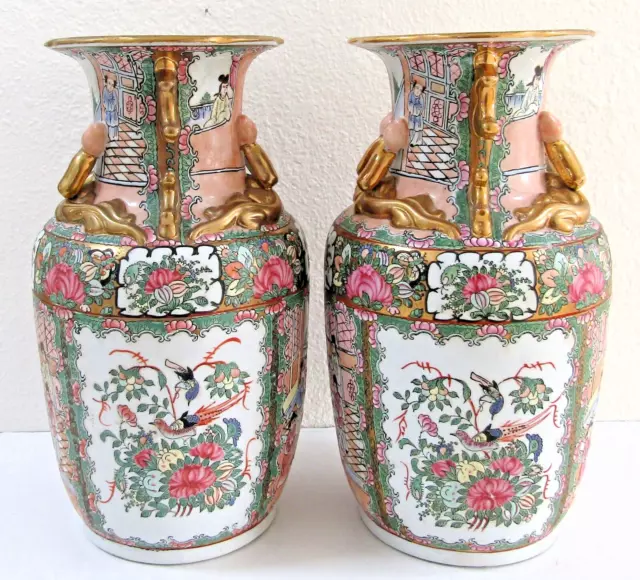 Matched Pair of Cantonese Famille Rose Porcelain Vases with Gold Accents