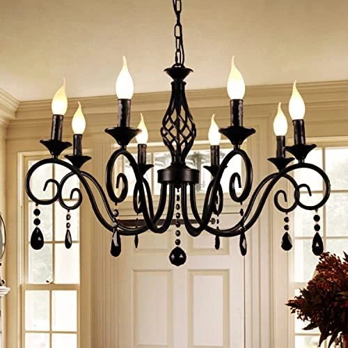 Chandeliers,8-Light French Country Crystal Candle Chandelier,Industrial Black