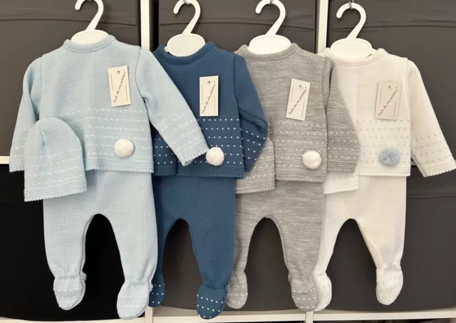 Newborn Baby Boy Spanish Knitted Outfit Pom Pom Trim Boys Boxed Pram Gift Set