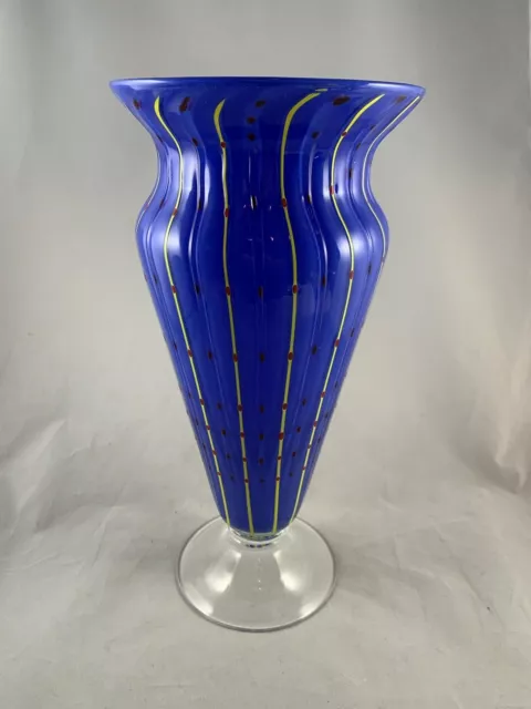 TALL vintage hand blown art studio glass Italian Murano blue ribbed vase Italy