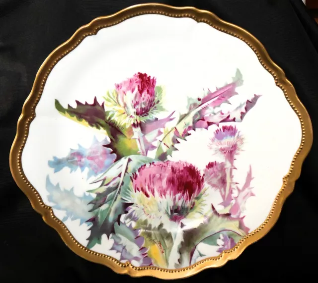 Antique O&EG ROYAL AUSTRIA Gold Trim THISTLE Hand Painted Plate Artist Signed