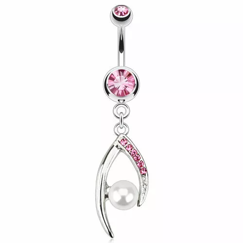 Pink Gem Pearl Dangle Belly Button Navel Ring 14 Gauge US Seller