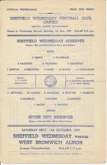 Sheffield Wednesday Reserves v Stoke City (Central League) 1947/1948