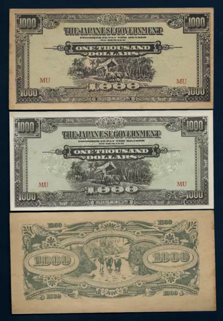 MALAYA 1000 DOLLARS M-10 1945 x 2 Diff Paper & Print RARE Set UNC JIM JAPAN NOTE