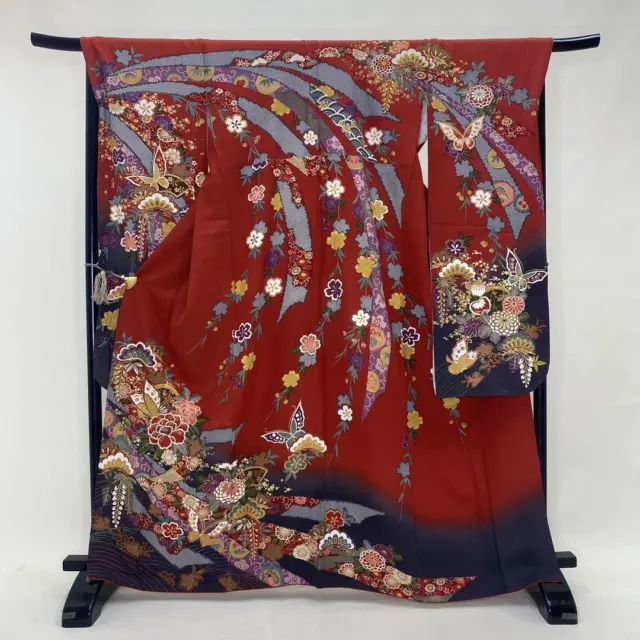 Furisode Kimono Japan Long-Sleeved Kimono, Pure Silk, Floral Pattern, Red, Navy