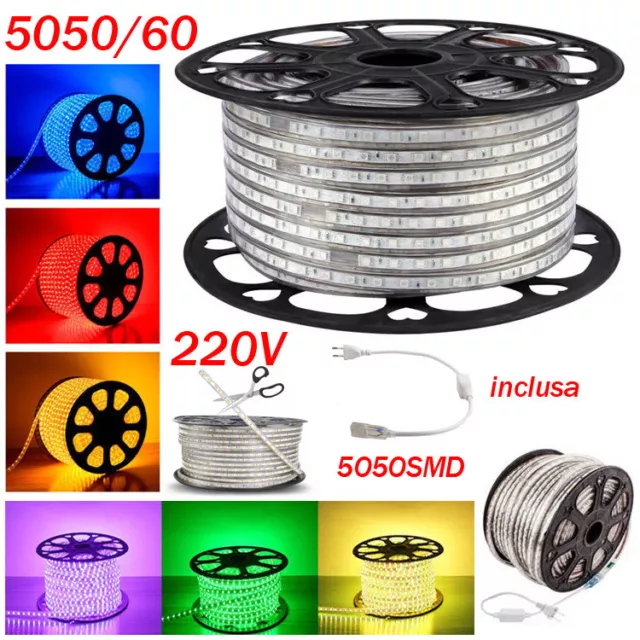 Striscia Strip Led Bobina Smd 5050 Rgb Spina 220V Bianca Tubo Esterno 1 A 100 Mt