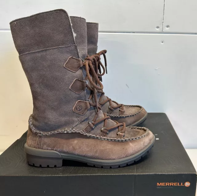 MERRELL EMERY LACE Falcon Brown Leather Ladies Faux Fur Lined Boots UK Size 4 49.00 PicClick UK