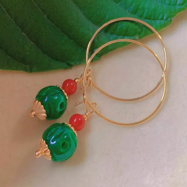 Natural Pumpkin shape Jadeite South red beads gold Earring Wedding Chandelier 2