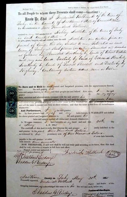 1865 antique DEED INDENTURE DERBY CT Frederick Holbrook Ashley Nettleton