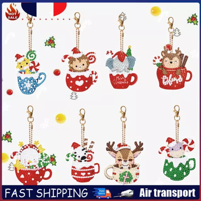 8PCS Rhinestone Painting Pendant Double Sided (Xmas Hat Cup Animal) FR