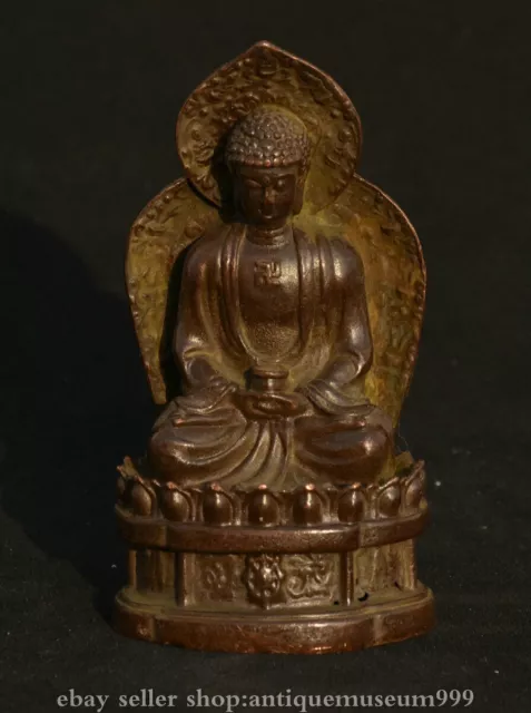 3.6" Old Chinese Bronze Marked Lotus Shakyamuni Amitabha Buddha Statue Sculpture