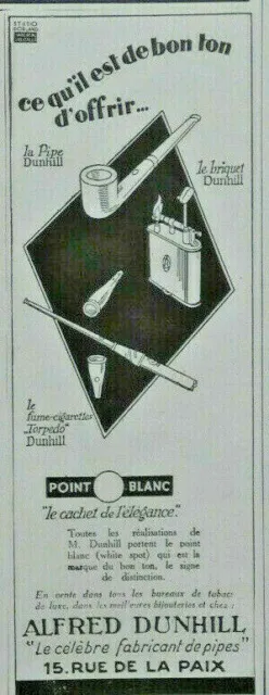 Publicité De Presse 1926 Alfred Dunhill Briquet Pipe Fume Cigarettes Torpedo