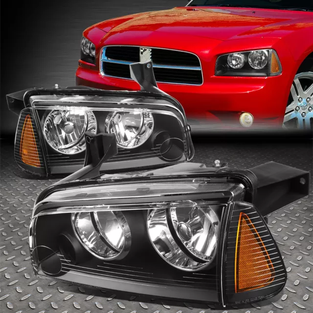 For 06-10 Dodge Charger Black Housing Amber Corner Headlight Replacement Lamps