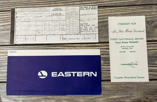 Vintage January 1966 Eastern Air Lines Plane Ticket w Itinerary
