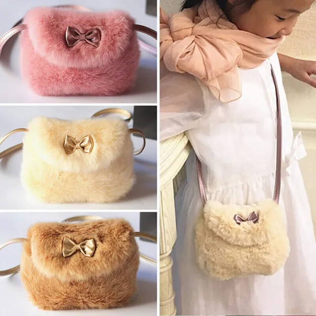 Girls Kids Cute Faux Fur Mini Crossbody Bag Bowknot Handbag Princess Purse Gift