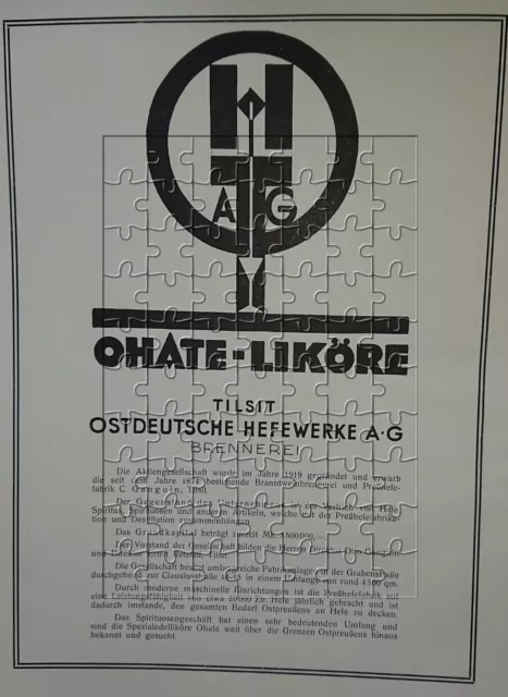 Ohate Likör Ostdt. Hefewerke Tilsit Советск Ostpreußen Große Werbeanzeige 1922
