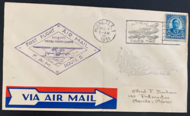 1931 Miami FL Usa First Flight Airmail cover FFC to Merida Mexico FAM 5